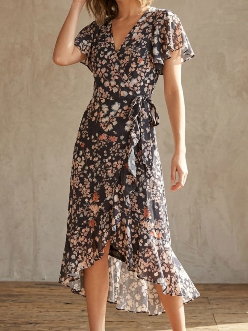 Nikki Erin Black Floral Hi Low Midi Wrap Dress Medium Ruffles Boho Cottagecore